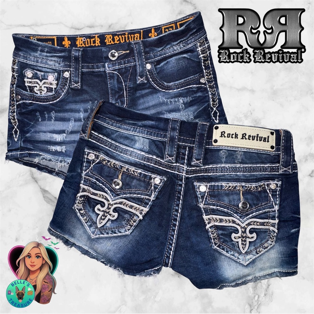 Rock Revival Women's 23 Linnett Denim Shorts Dark Wash Jean Jorts Low Rise Y2K